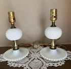 Vintage White Milk Glass Hobnail  Parlor Vanity Dresser Lamp Set