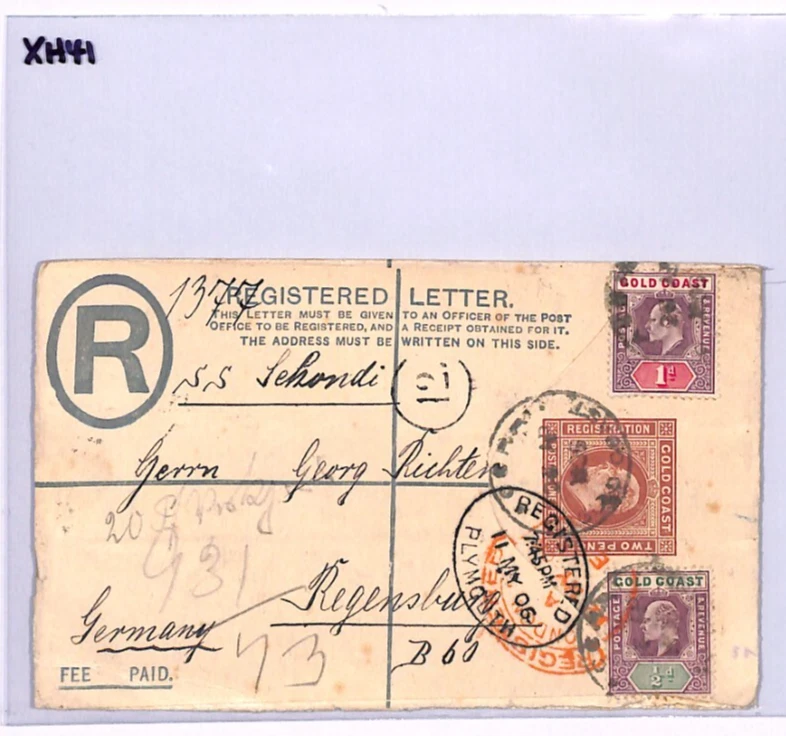 GOLD COAST Cover KEVII Registered  Stationery 1908 Ship *Sekondi* Germany XH41 - Image 4 of 4