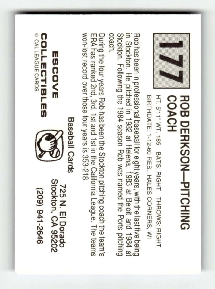 1989 Cal League Stockton Ports 177 Rob Derksen PC, UER BXCP09 - Image 2 of 2