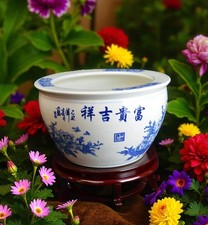 16" Porcelain Blue and White Fishbowl. Fish Bowl Flower Chinese (Blue Flower)