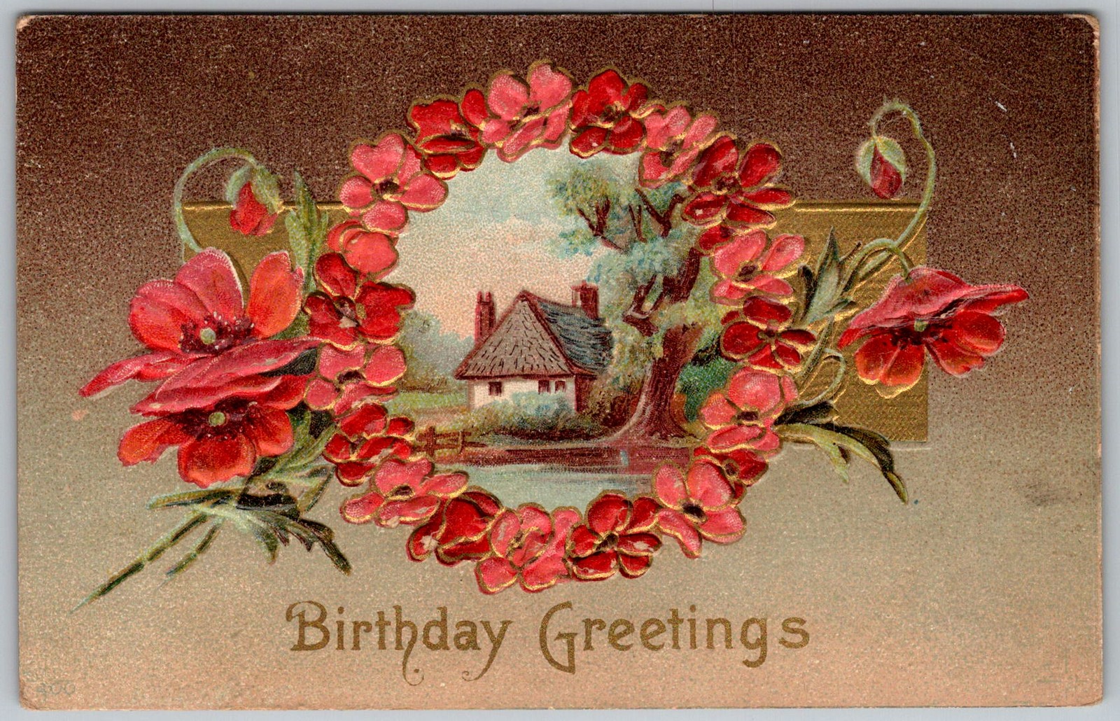 Antique Postcard Birthday Floral Wreath Cottage 1910s