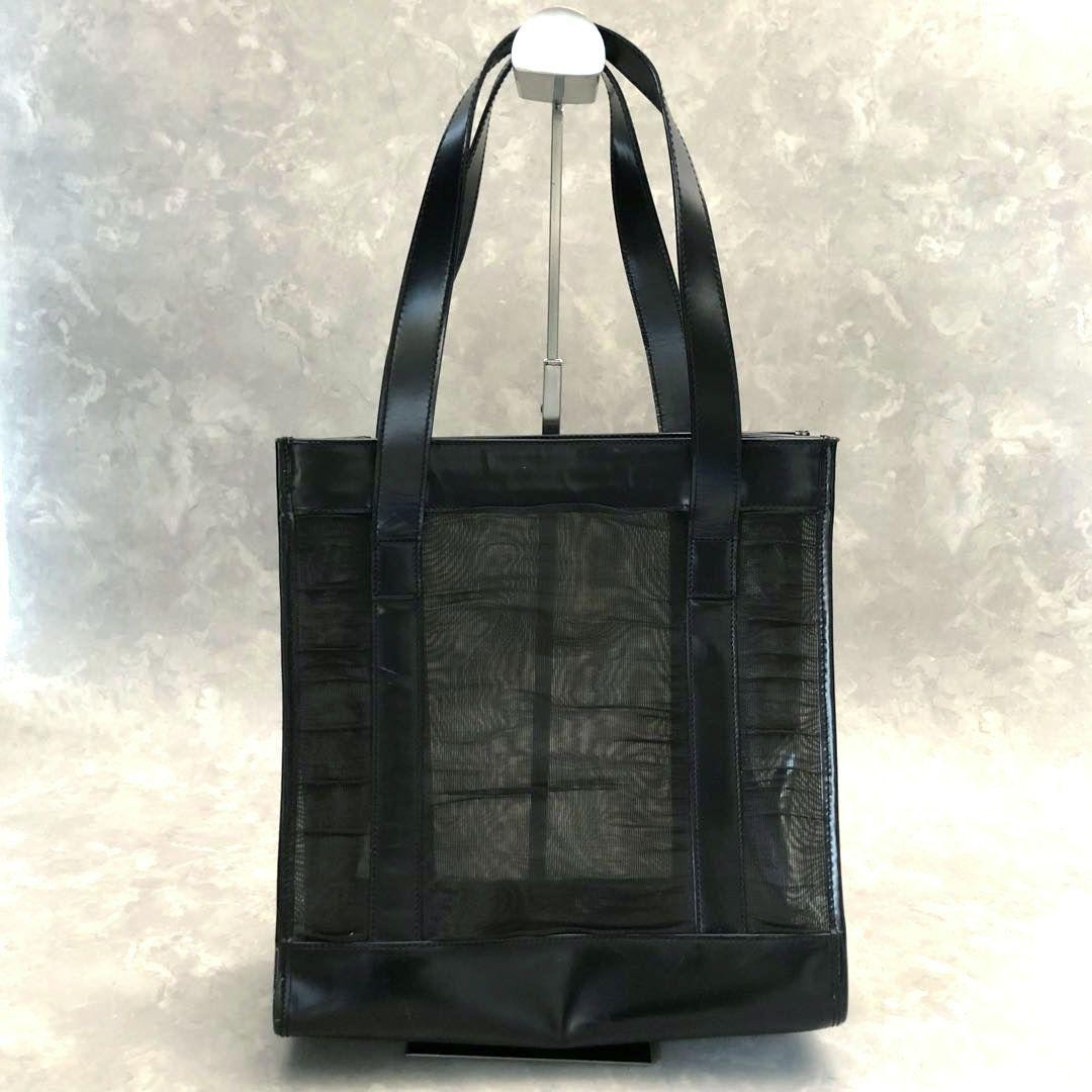 Gucci Black Leather Mesh Tote Bag 11.4x10.8x4.3 Used Condition