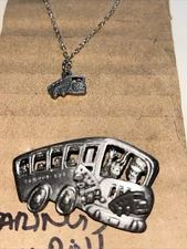 Pewter Torino School Bus trinkets , Necklace, Pin, Pierced Earrings