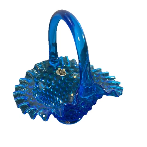 FENTON -Hobnail BLUE (Colonial)-Glass Basket Dish w Handle, Ruffled, STICKER!