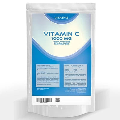 Vitamin C 1000mg 365 Tabletten mit Hagebutte und Bioflavonoiden - Vitasyg Beutel