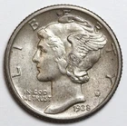 1938 10c Mercury Silver Dime Uncirculated - RAW - Great Luster - Light Toning