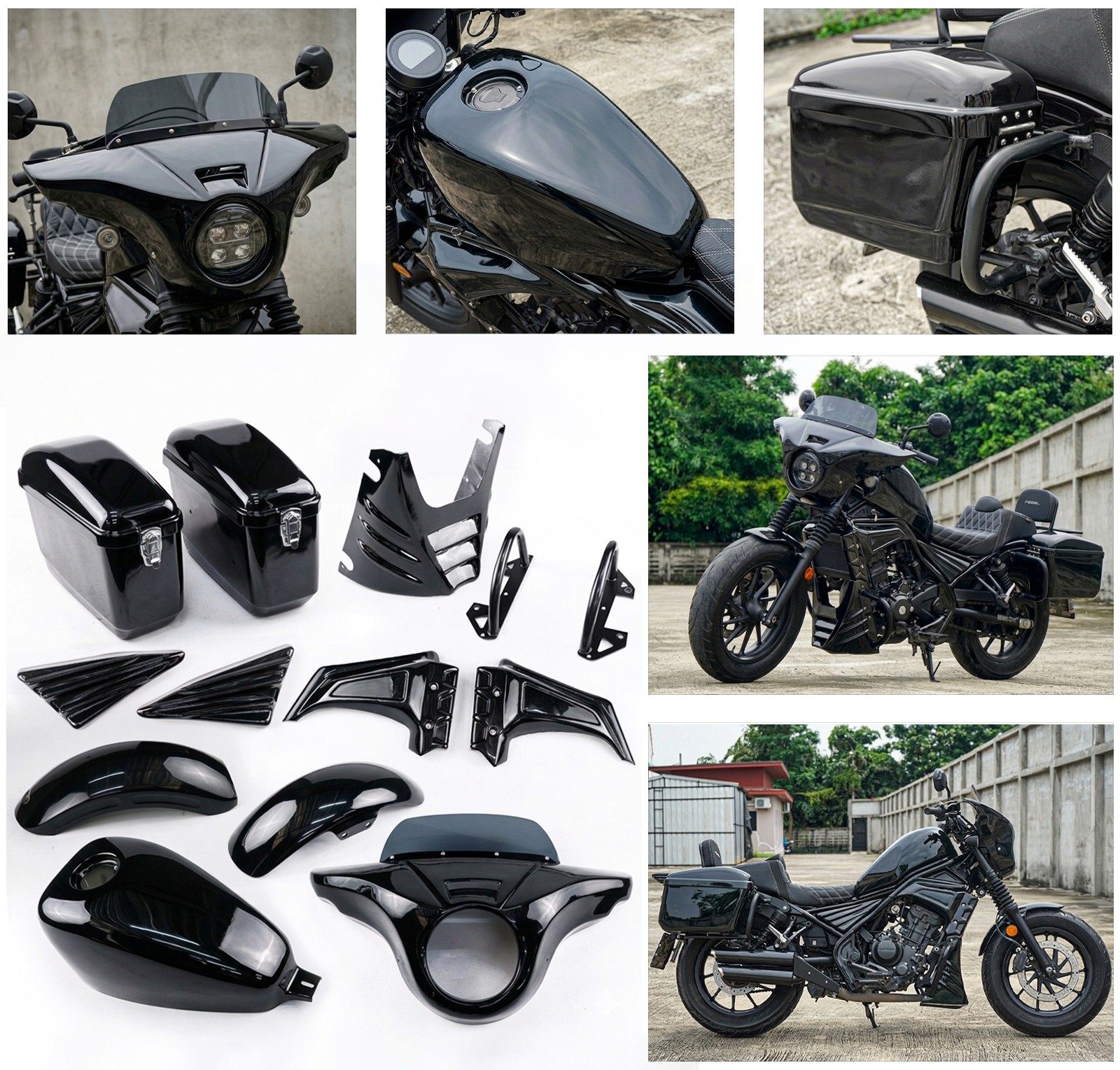 GLOSS BLACK Full Set of 8-Pc Accessory Kit for Honda Rebel CMX 300-500 17-24