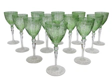 12 French Hand Blown Green Cut to Clear Wine Goblets Floral Swags