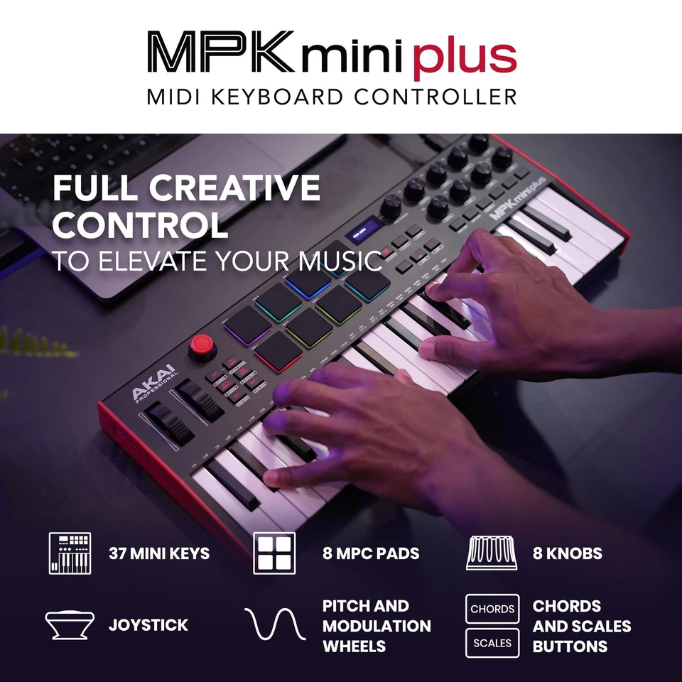 Akai MPK Mini Plus USB MIDI Keyboard Controller 37 Mini Keys w/ Pads & Sequencer - Image 2 of 4