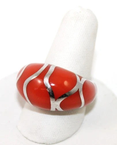 Vintage Alan K Signed Silver & Coral Colored Murano Glass Domed Ring Size 8