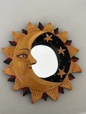 Vintage WALL MIRROR Sun Moon Hand Carved In Indonesia WOOD