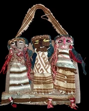Vintage Peruvian Handwoven Wall Hanging Trio Rag Dolls Folk Art Textile 6x5”