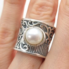 925 Sterling Silver Vintage Real Pearl Modernist Ornate Oxidized Ring Size 5.5