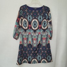 Zouk Dress XS Blue Geometric 3/4 Sleeve Lined A-Line