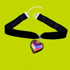 BLACK VELVET CHOKER & RAINBOW VITRAIL GLASS HEART PENDANT collar necklace 16" 6D