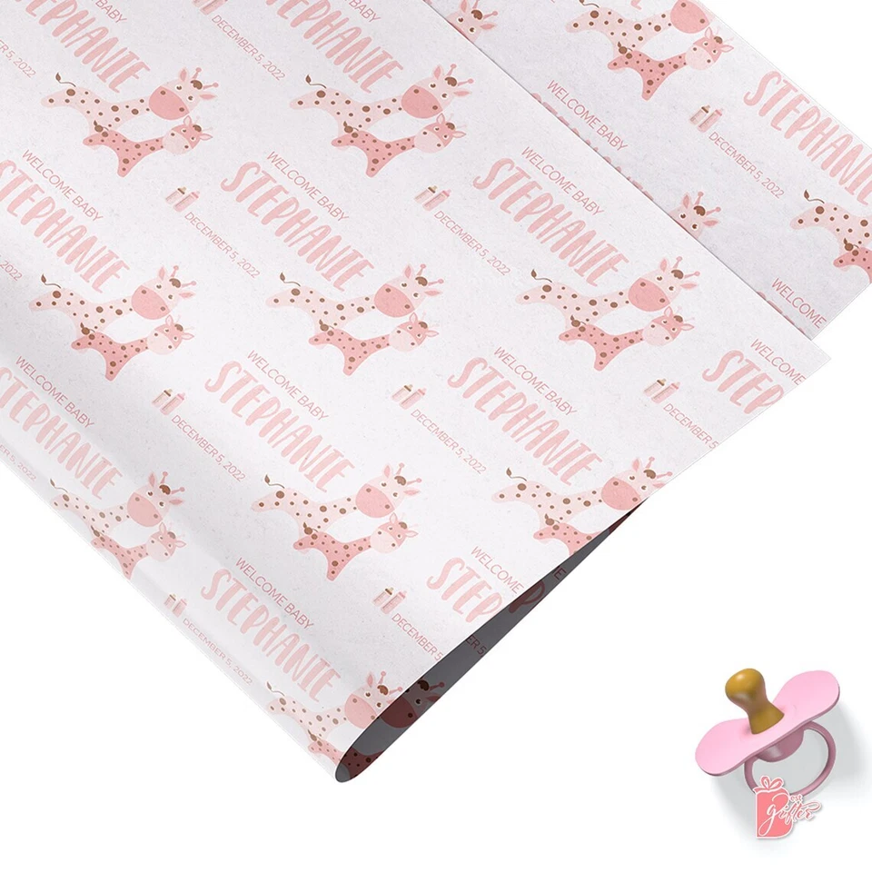 Rollo de papel de regalo personalizado con nombre con envoltura de regalo de juguete de jirafa bebé rosa Foto 4 de 4