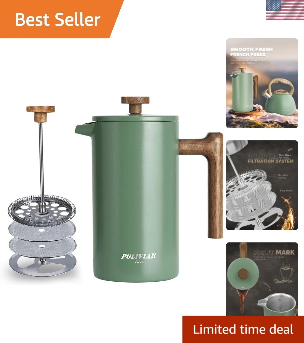POLIVIAR 34 oz French Press Coffee Maker - Real Wood Handle & Double Insulation