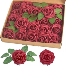 homEdge Artificial Rose, 25pcs Foam Flowers with Stem for Burgundy 