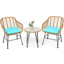 Patiojoy 3PCS Patio Bistro Rattan Furniture Set Cushioned Chair w/ Table