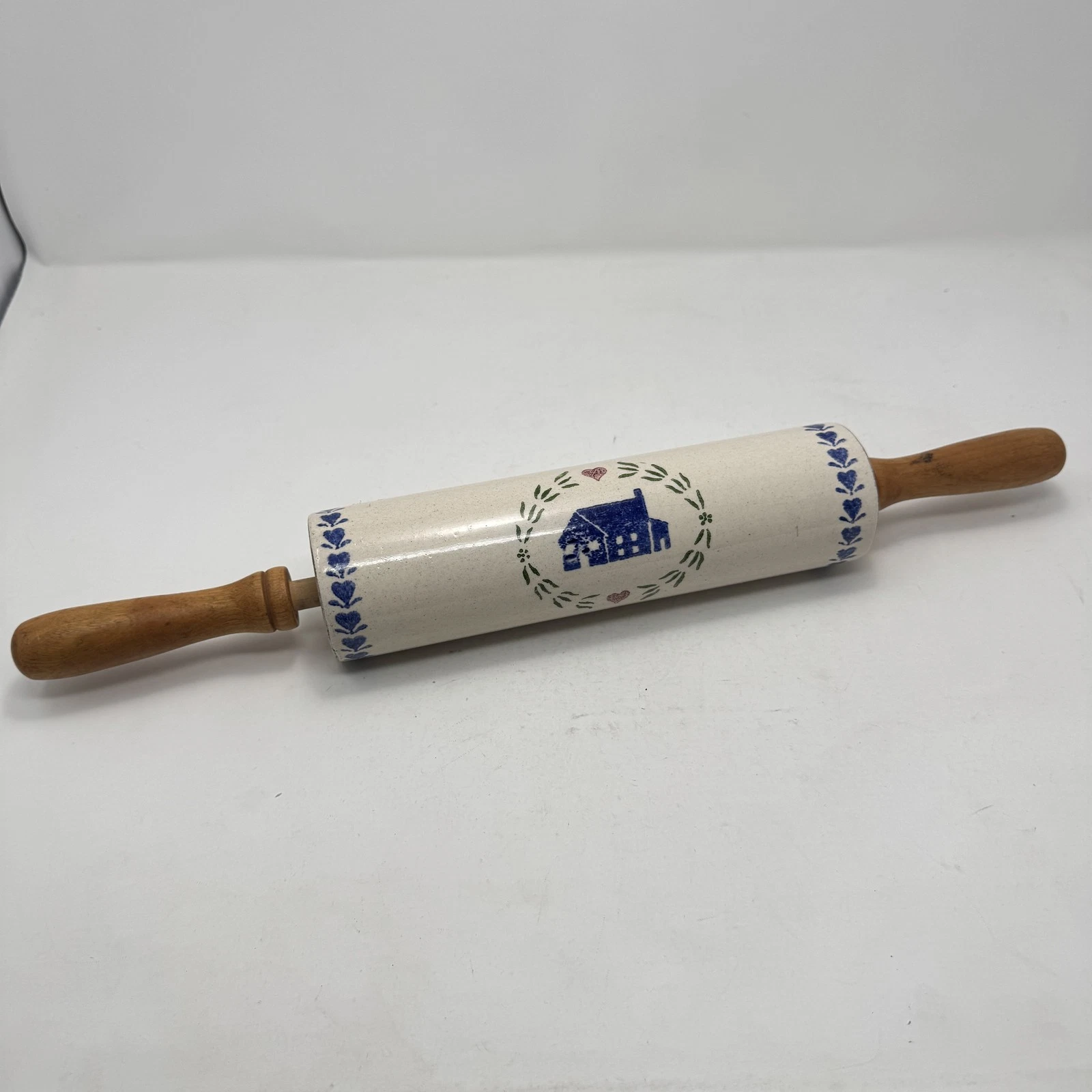 Vintage Style Ceramic Rolling Pin with Wooden Handles - Blue House & Floral