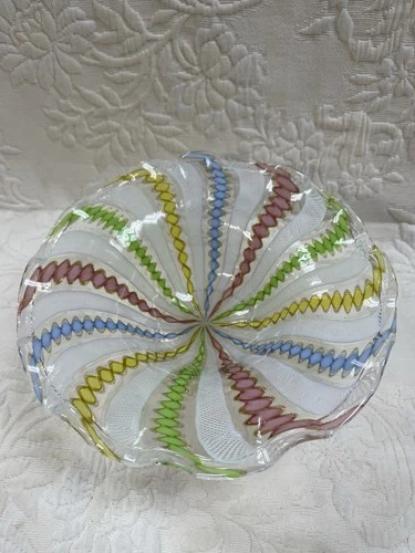Vintage Murano Latticino Aventurine  Art Glass Centerpiece Bowl 7”