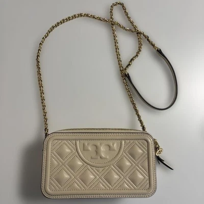 Sac bandoulière Tory Burch chaîne en cuir matelassé beige fermeture éclair... - Photo 1/4