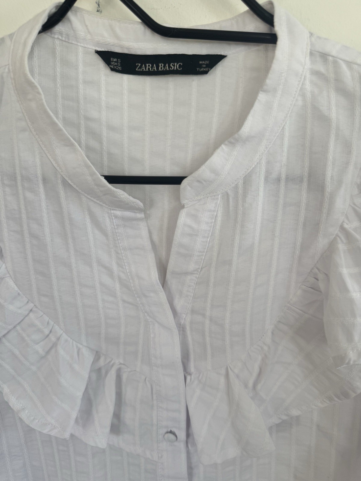 ZARA BASIC White Striped Ruffle Button Collarless… - image 5