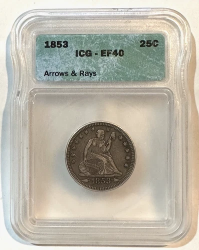1853 25c Arrows and Rays Liberty Seated Quarter US Coin ICG  Extra Fine 40