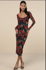 Lulus Long Sleeve Dress with Red Floral Design. Black Base Enhance Xsmall NWT