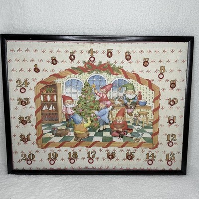 Elf Advent Calendar Large Framed Hanging Multicolor Christmas Decor 24 Rings