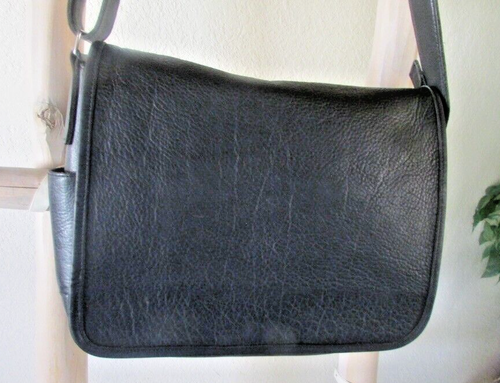 VINTAGE USA MADE HEAVY DUTY BLACK LEATHER FLAP COVER MESSENGER X-BODY BRIEFCASE - Afbeelding 1 van 12