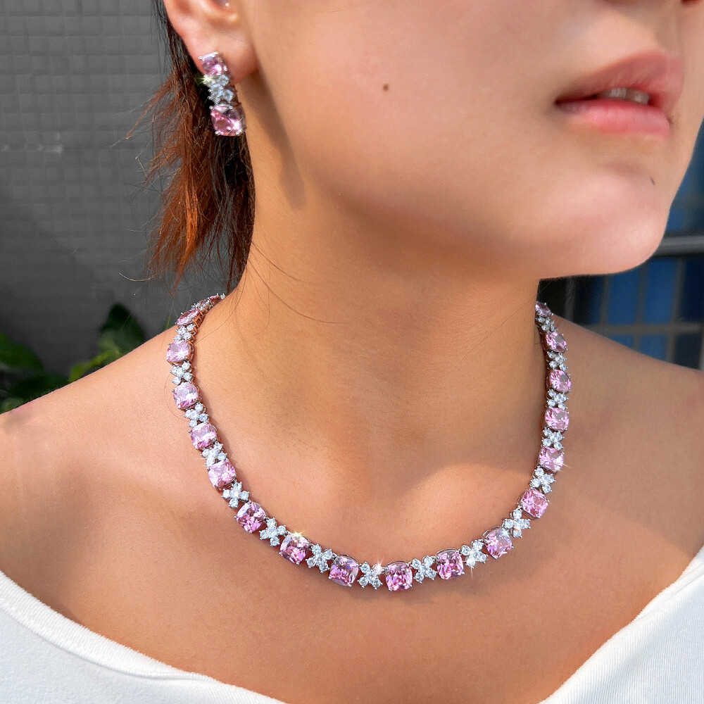 Women Stunning Pink Square Flower Cubic Zirconia Silver Plated Party Jewelry Set