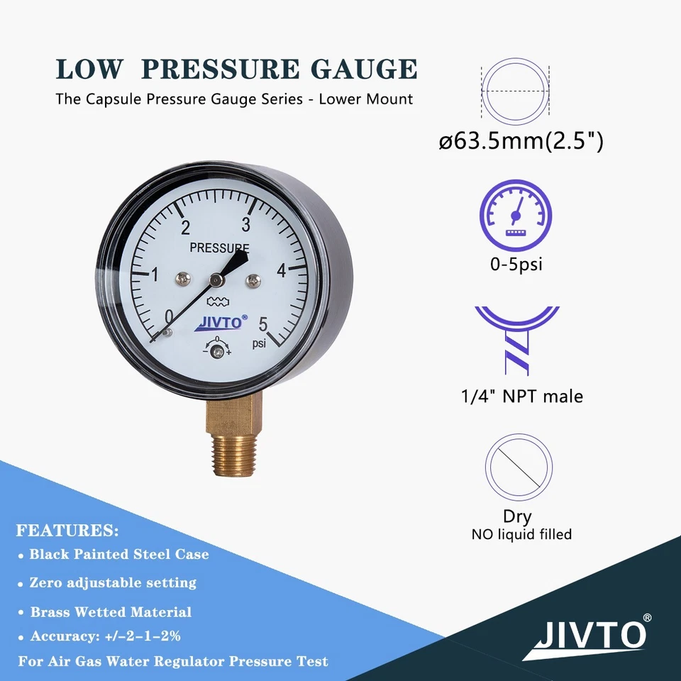 Low Capsule Pressure Gauge, 0-5 PSI,2-1/2" Face Dial, 1/4" NPT Lower Mount - Image 2 of 4