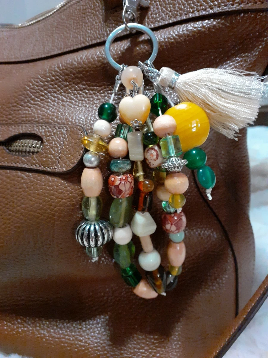 Glass Beaded Bohemian Handbag Charm Keychain Bag Charm,Green,Handmade