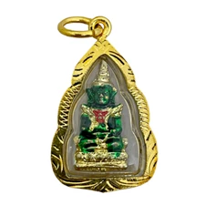 Emerald Buddha Phra Kaeo Morakot Thai Amulet Pendant Gold Plated Frame #1