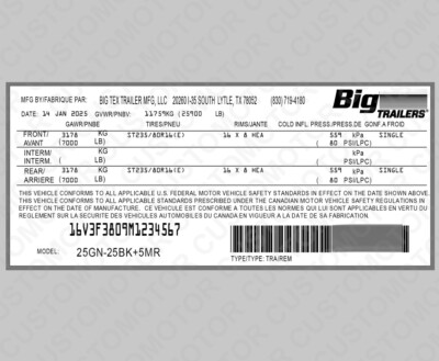 #ad Trailer DECAL Label and Tire Pressure Decal Quality Replica Vinyl for BigT ex $110.88