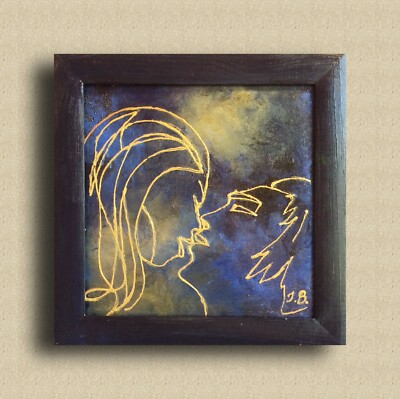 One line drawing Original minimalist painting LOVE COUPLE. KISS. ABSTRACTION 