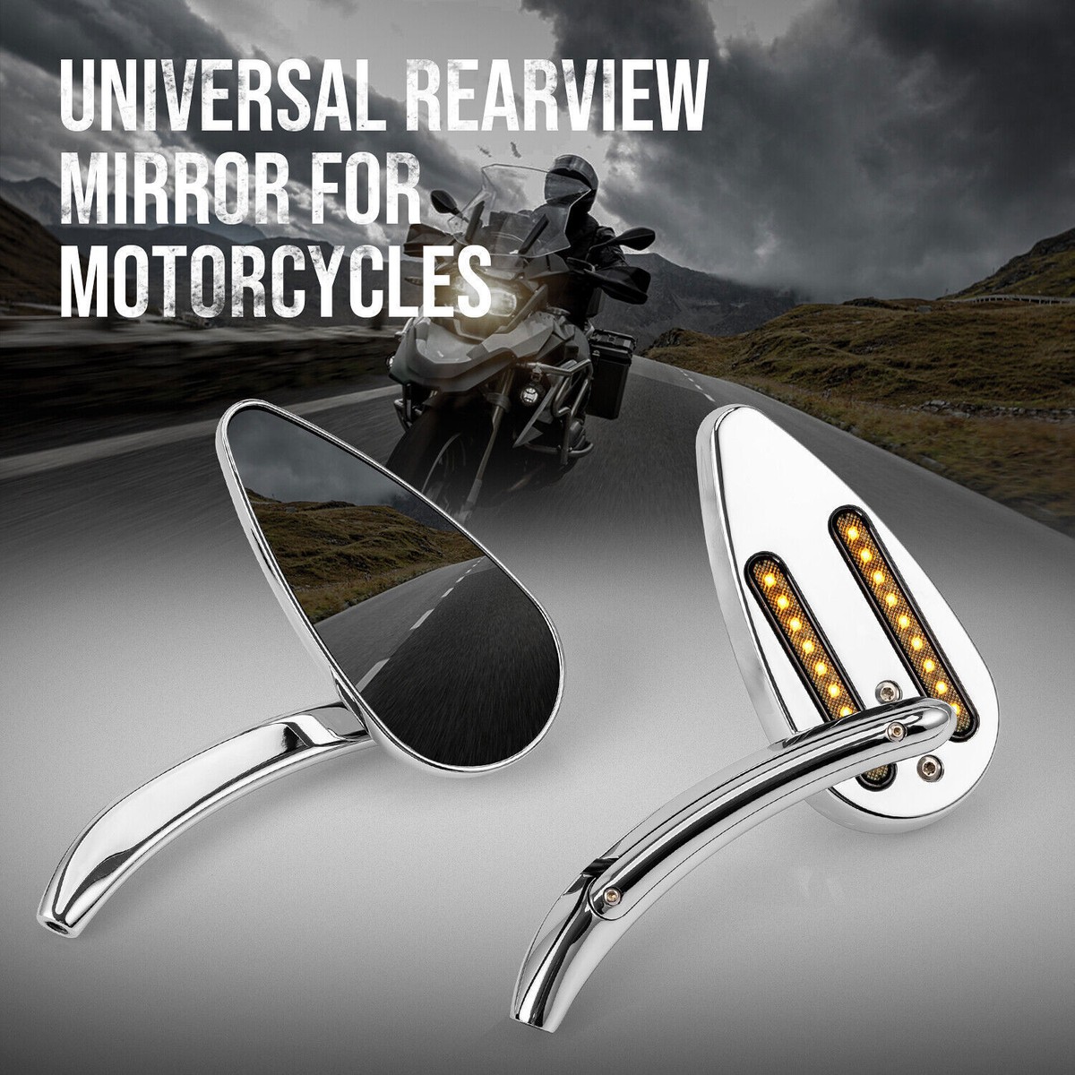 TWOM Teardrop Motorcycle Mirrors With LED Turn Signals – 8mm & 10mm Fitment – Chrome – Pair