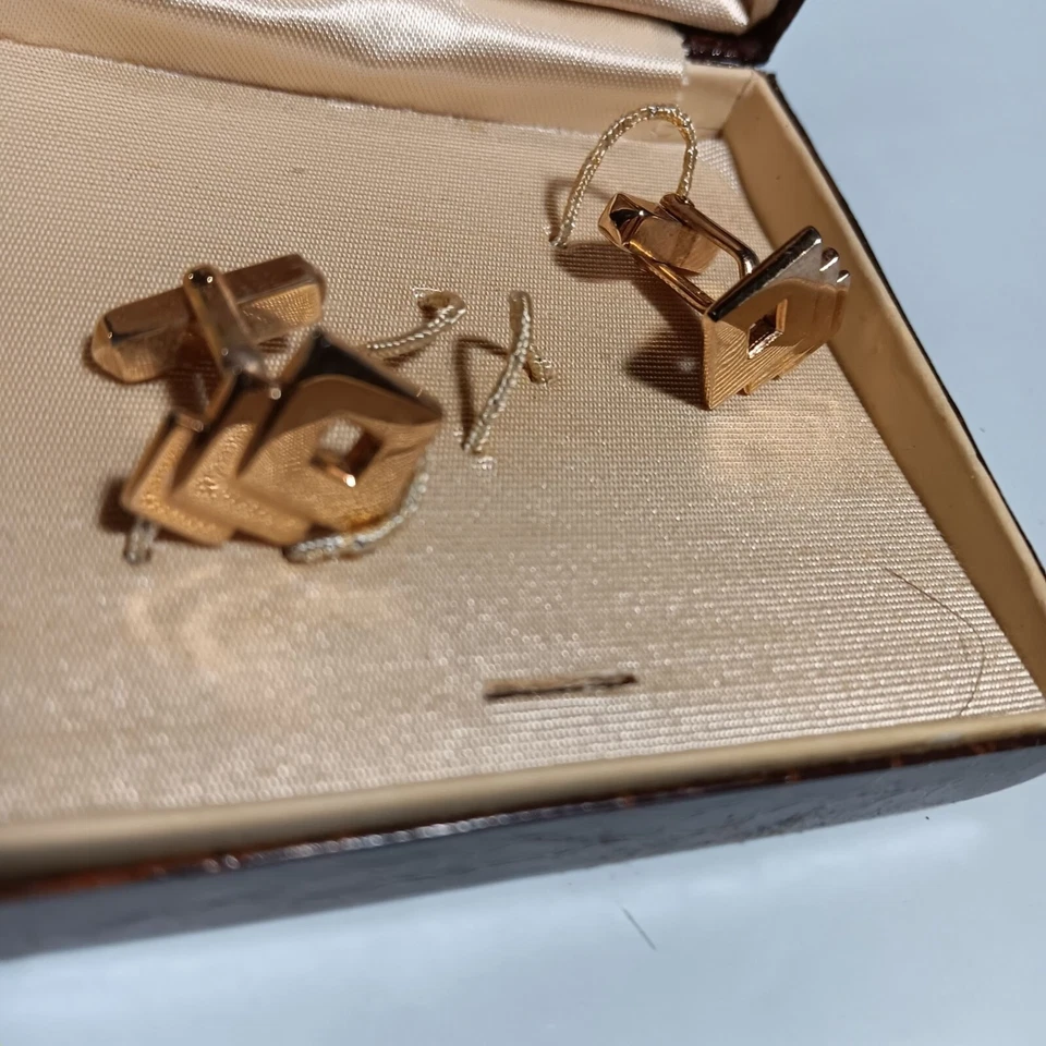 Juego de Gemelos Vintage Swank Tono Dorado Original Estuche de Cuero Sintético Marrón Foto 3 de 4