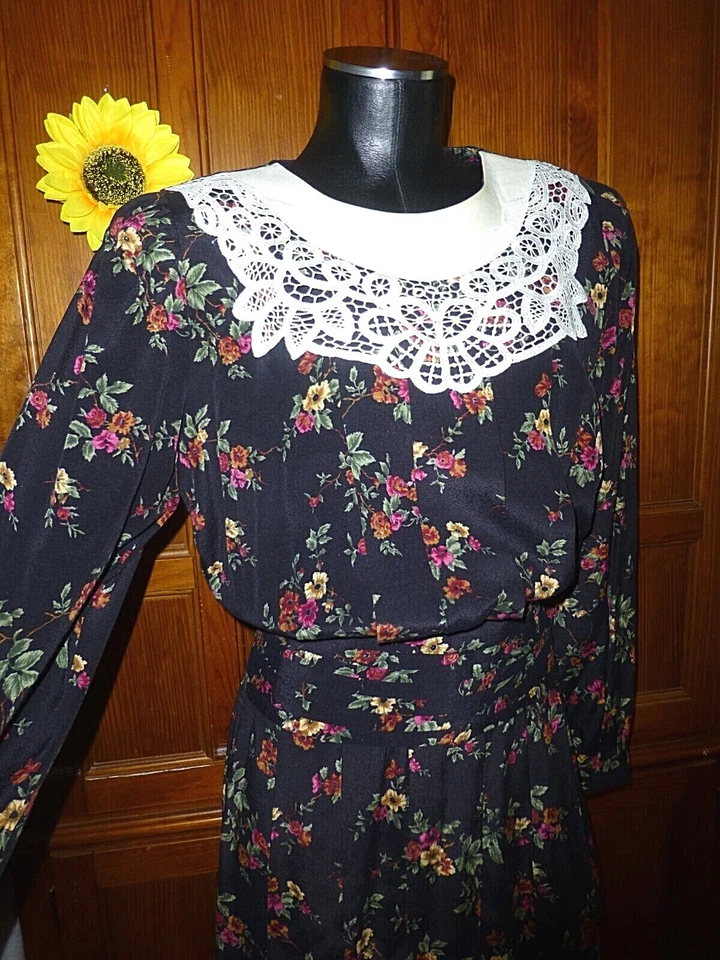 Vtg 80s Karin Stevens Floral Lace Pleated Skirt Cottage core Tea Party Dress M L - Image 3 of 4