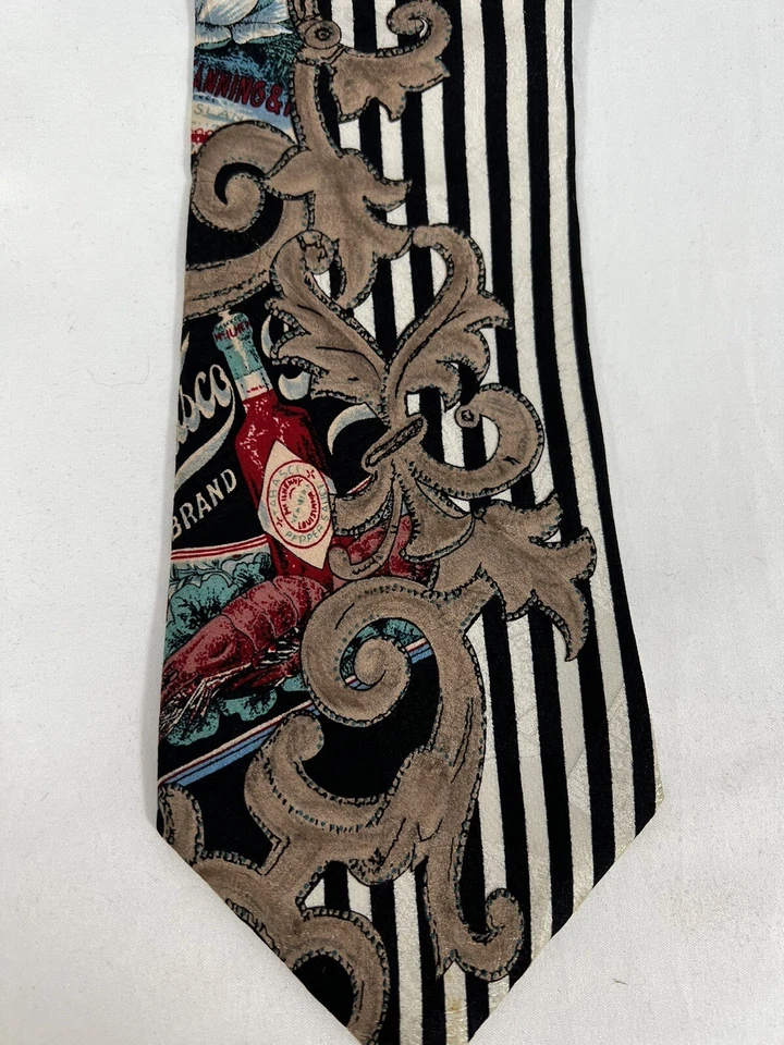Vintage Tabasco Sauce Neck Tie 100% Silk USA Made Black White Striped 58”x4” - Image 2 of 4