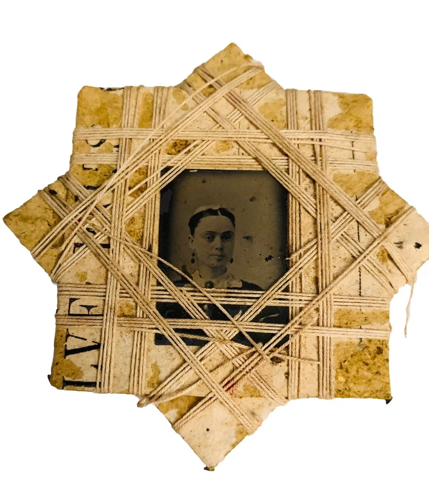 VICTORIAN STAR TINTYPE Thread Frame DAGUERROTYPE Primitive String Art MAN WOMAN - Image 3 of 4