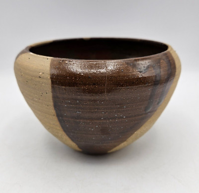 Drip Glaze Studio Art Pottery Bowl Tan Brown Red Signed 6'' Dia 4'' Tall