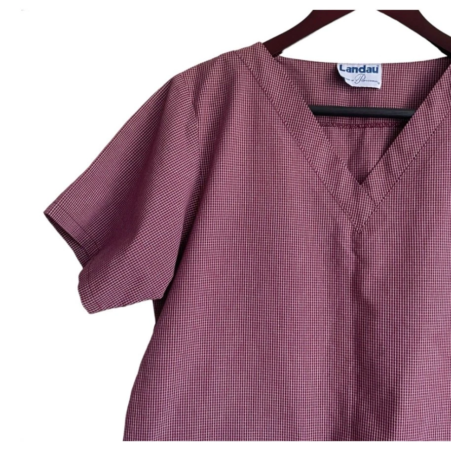 Landau Womens Scrub Top M Burgundy Check V-Neck 2 Pocket Medical Uniform Nurse - Image 4 of 4