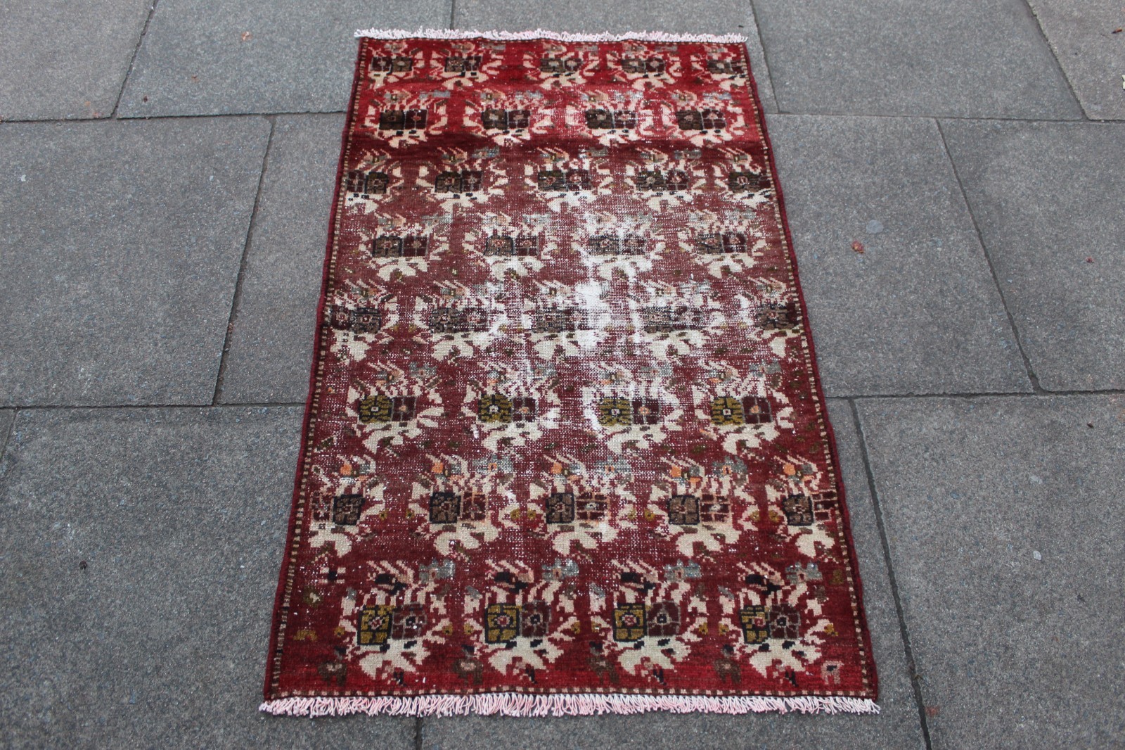Alfombra Pequeña Vintage Hecha A Mano Tradicional Oriental De Lana Roja 121x74cm