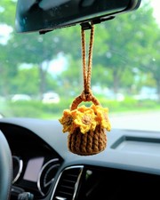 Crochet Sunflower Car Mirror Hanging, Boho Car Accessory, Handmade Flower Charm