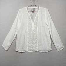 Johnny Was Embroidered Blouse Top White S Cottagecore Sheer Boho
