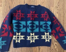 Vintage Woolrich Woman Hand knit Snowflake Christmas Sweater Navy Blue L