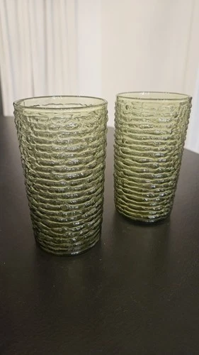 Vtg Set of 2 Anchor Hocking Tartan Emerald Green Heavy  Tumbler Drinking Glasses