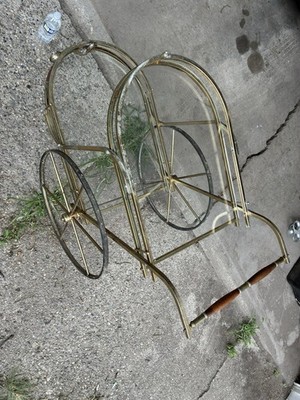 Mid-Century Modern Gold Metal & Glass 2-Tier Oval Bar Cart, Wood Handle